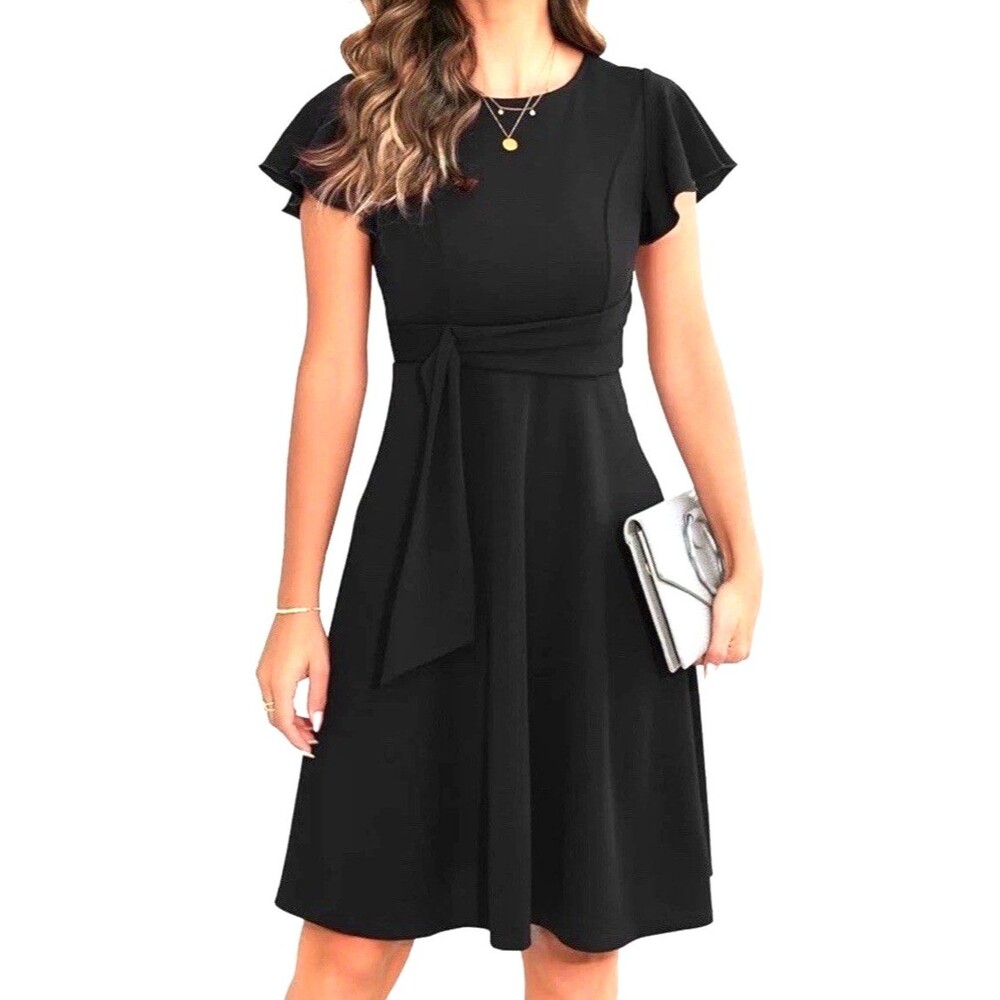 Owin Pleated Knit Fit & Flare Dress Sz XL Black Short Ruffle Sleeve LBD Romantic
